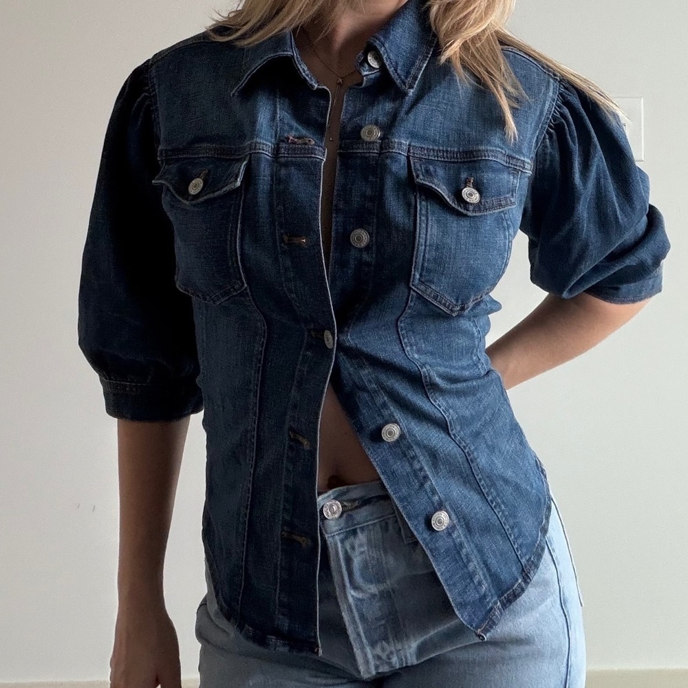 Chicos Structured Puff Sleeve Denim‎ Shirt Size 1